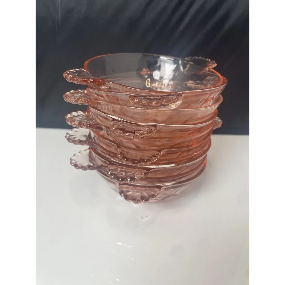 Pink Rose Depression Glass Handles Fruit Dessert Snack Bowls Set‎ Of 12 Scallop